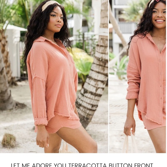 Pink Lily Women’s Orange Let Me Adore You Button Front Gauze Blouse Medium NWOT - Picture 2 of 9